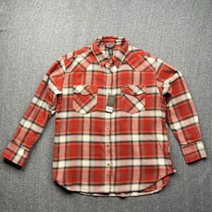 Wrangler Retro Flannel Shirt Mens Medium Orange Plaid Western Pearl Snap Cotton